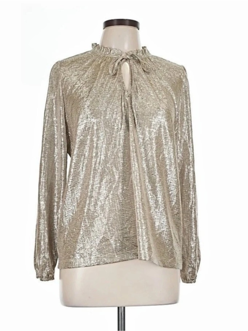 LOFT Metallic Pleated Tie Neck Blouse Silver Medium